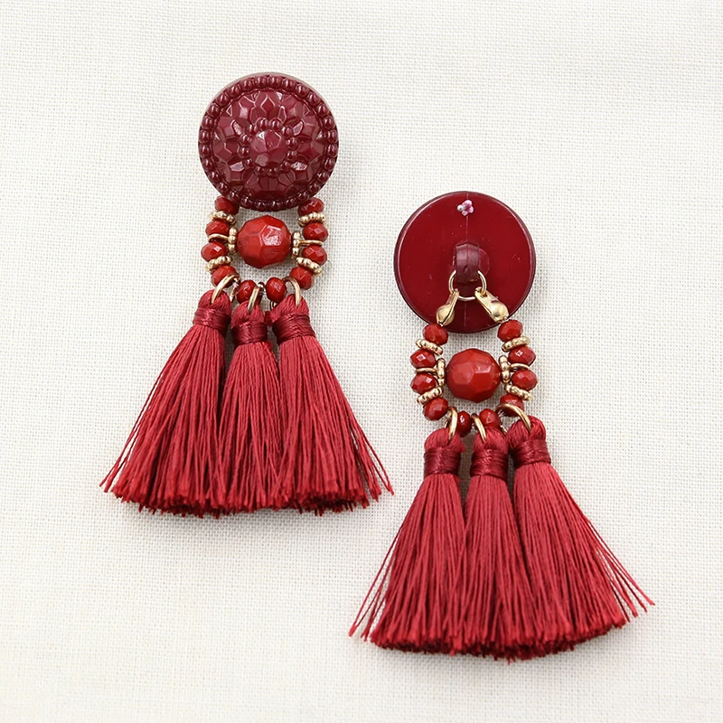 STRATHSPEY Black/ Red Beads Tassel Earrings For Women Vintage Long Fringe Earrings Big Flower Earring Statement Jewelry