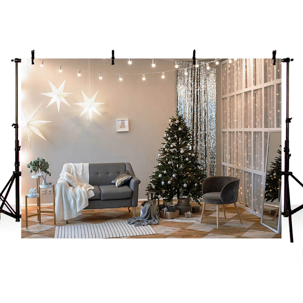 Avezano Christmas Photography Background Winter Glitter Star Light White Window Sofa Backdrop Photo Studio Family Portrait Decor