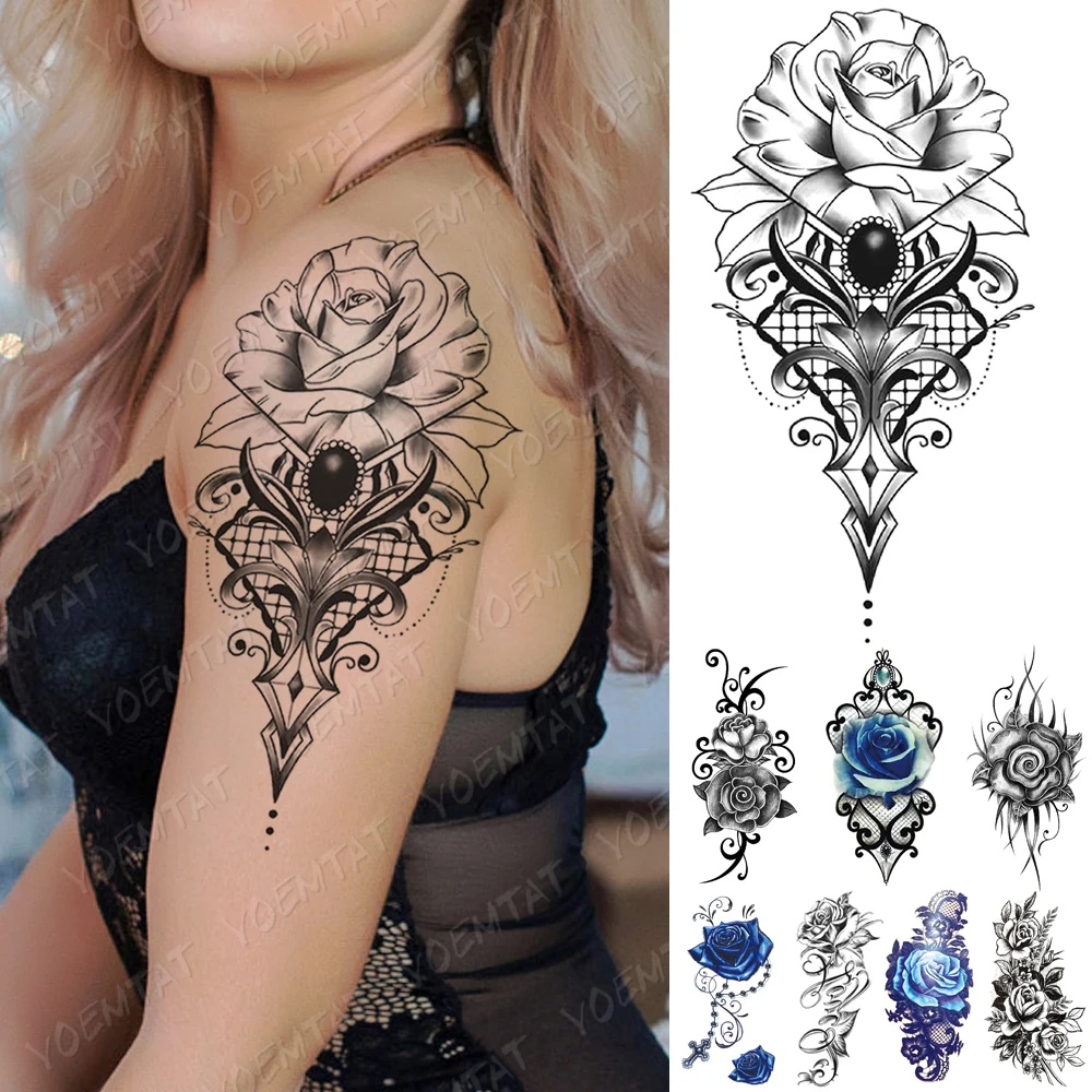 

Waterproof Temporary Tattoo Sticker Lily Blue Rose Tattoos Totem Flower Gem Lace Body Art Arm Fake Sleeve Tatoo Women Men