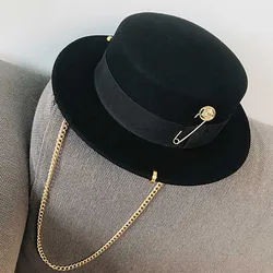 Fibonacci 2020 Fedora Hat Retro Wool Felt Hat Women European Punk Chain Novelty Flat Top Hats Men Cap Street Fashion Wild Trend