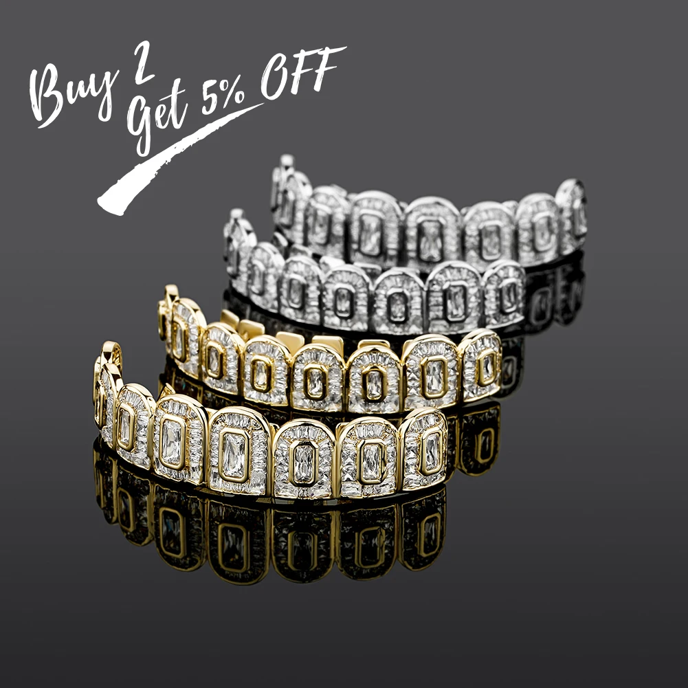 TOPGRILLZ 2023 New Baguette Set Teeth Grillz Full Iced Micro Pave Cubic Zirconia 14K White Gold Hip Hop Jewelry For Men Women