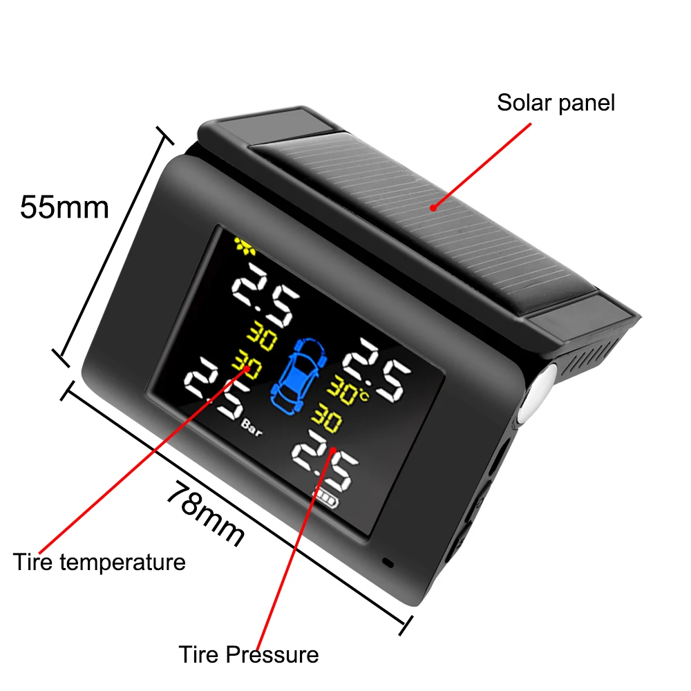 LED Display Car Tire Pressure Monitoring System Solar Power TPMS With 4 External or Built-in Sensors