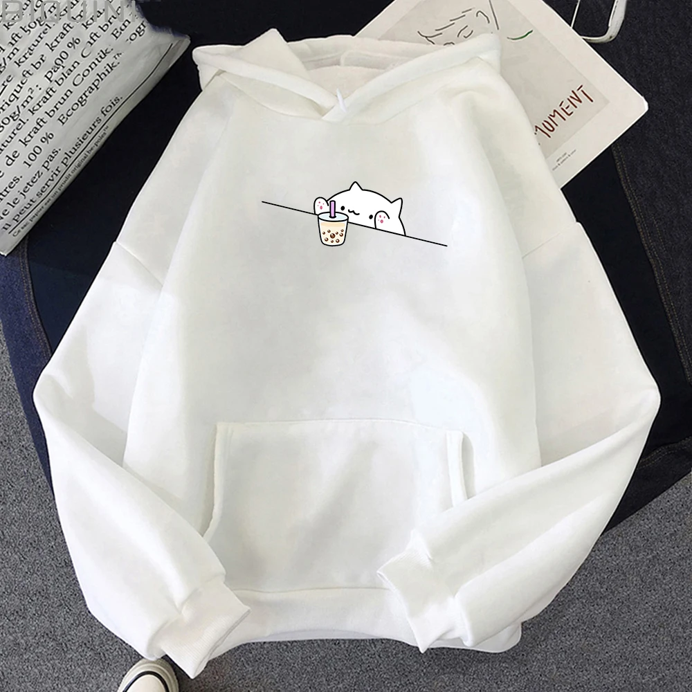 Bubble Tea Printed Casual Pullovers Vintage Cartoon Female Hooded Clothes 2021 New Women Hoodies Kawaii Cat and Boba Sweatshirts