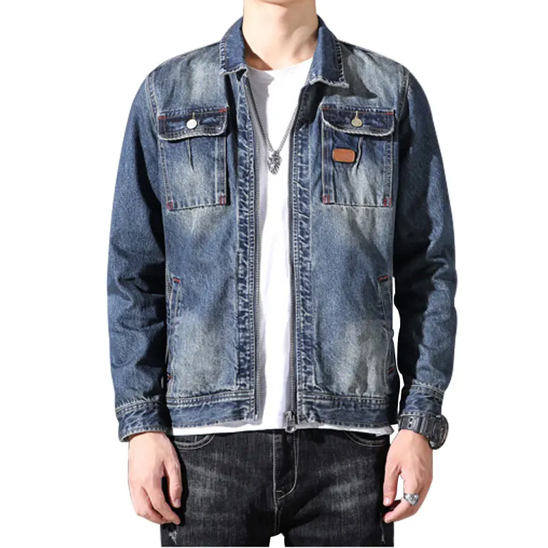 

Denim Jacket Men Jeans Coat Cotton Turndown Collar Long Sleeve Loose Zipper Large Size Light Blue Clothes Bomber Cowboy Brand