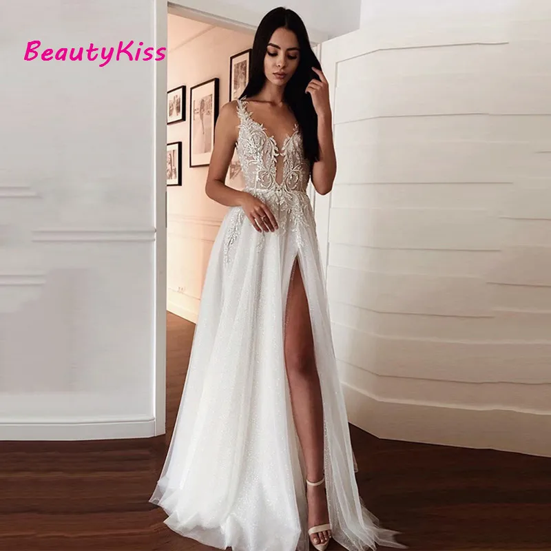 Ren Boho Áo CƯỚI Sexy Cổ Chữ V Appliques Cô Dâu Đầm Bên Chia Đầm Vestido De Novia Tự Làm