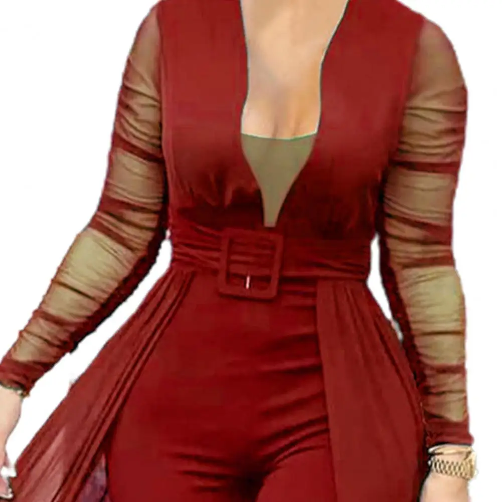 Jumpsuit Solid Color Skinny Playsuit Women Long Sleeve Sheer Patchwork Waist Tight Belt Overall for Party