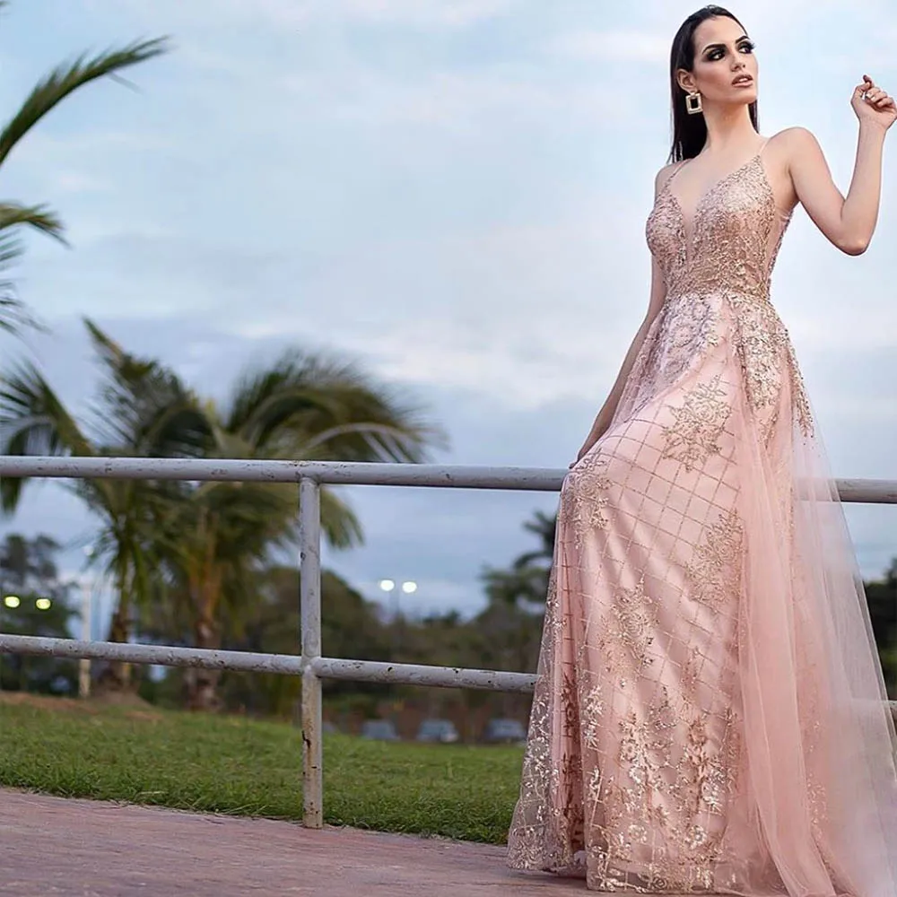 YQLNNE-vestido largo con tirantes para mujer, traje de fiesta de tul con cristales dorados y rosas brillantes, sin espalda, para baile Formal