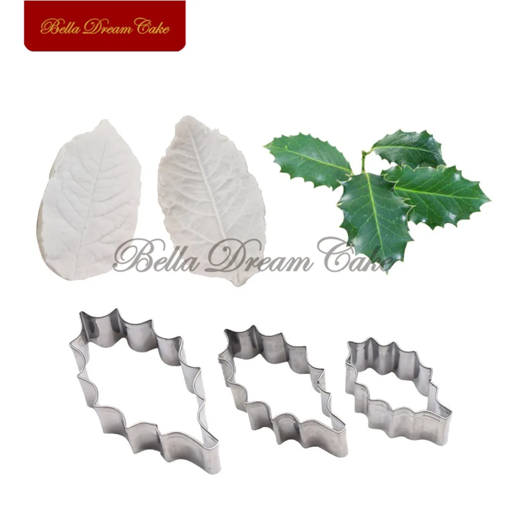 5pcs/set Holly Leaf Veiner Silicone Molds Stainless Steel Cutter Mould Petal Fondant Cake Decorating Tool DIY Handmade Cake Mold