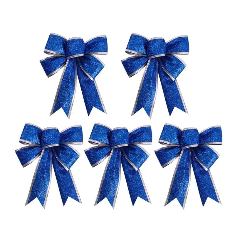 5pcs/Pack Glittering Fabric Christmas Ribbon Bow Gift Knot Ribbon Ornaments for Christmas Tree Presents Decoration(Blue)