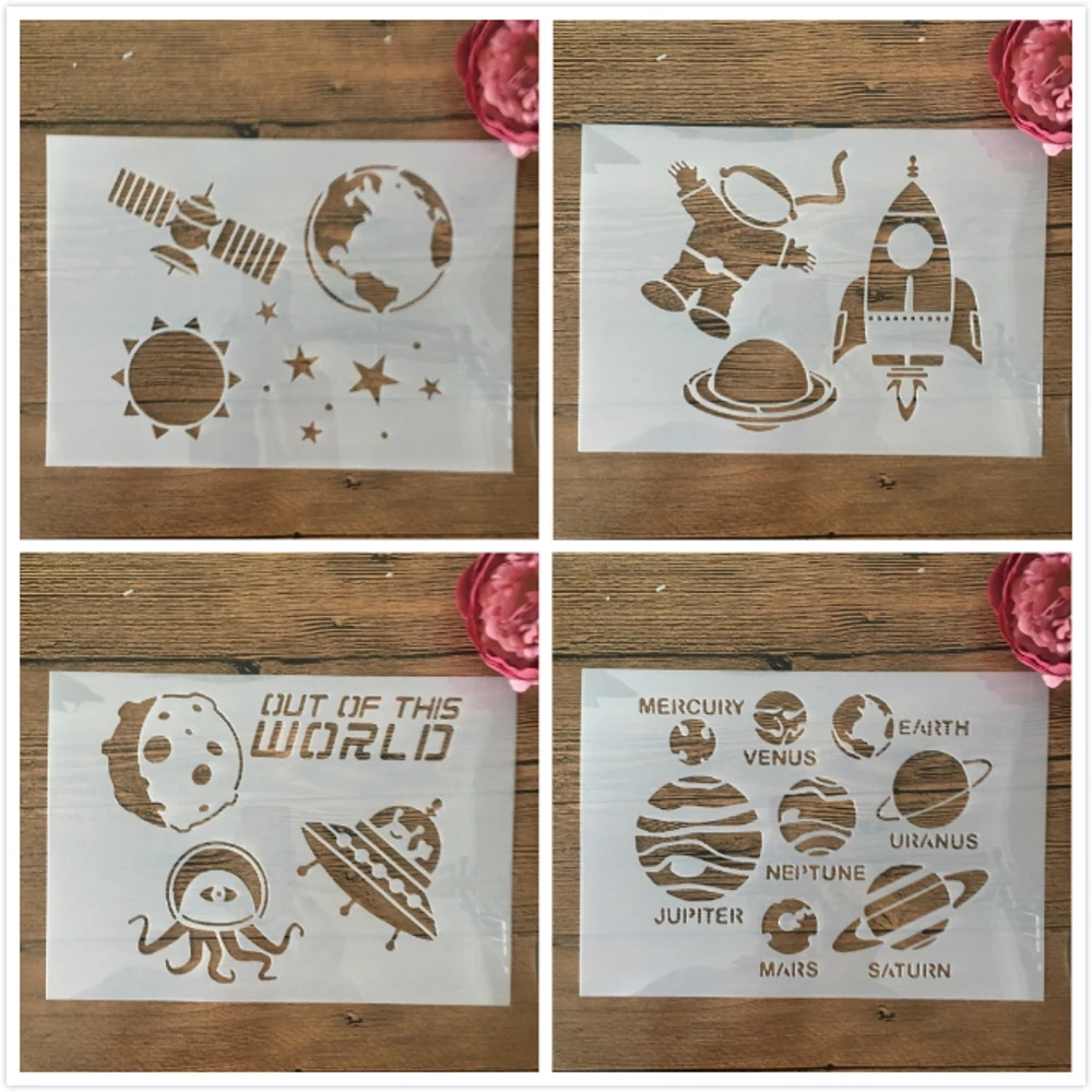 4Pcs A4 29cm Planet Satellite Spacecraft Astronaut DIY Layering Stencils Painting Scrapbook Coloring Embossing Album Template