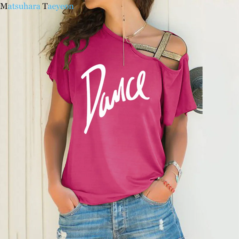 Letter Dance Women T-shirt Loose Slash Neck T Shirt Ladies Casual Tshirt Summer Casual Irregular Skew Cross Bandage Tops Tee