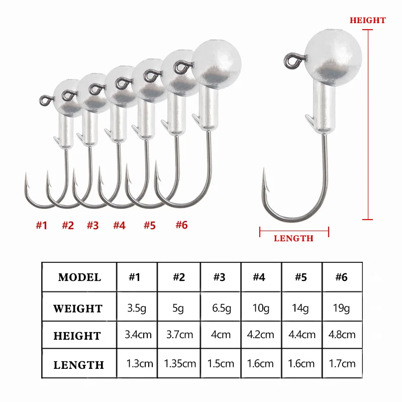 5pcs/set Bait Silver Lead Head Hook Primary Color Soft Bait Hook of Multi Gram Weight Reinforced Bait Hook Fishing Accessories