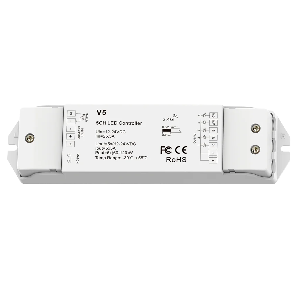 5050 RGBCCT LED Light Strip Controller 5CH 2.4GHz Controller 2835 5050 5IN1 RGB CCT CW WW LED Strip Tape DC12V 24V Max 600W 30m