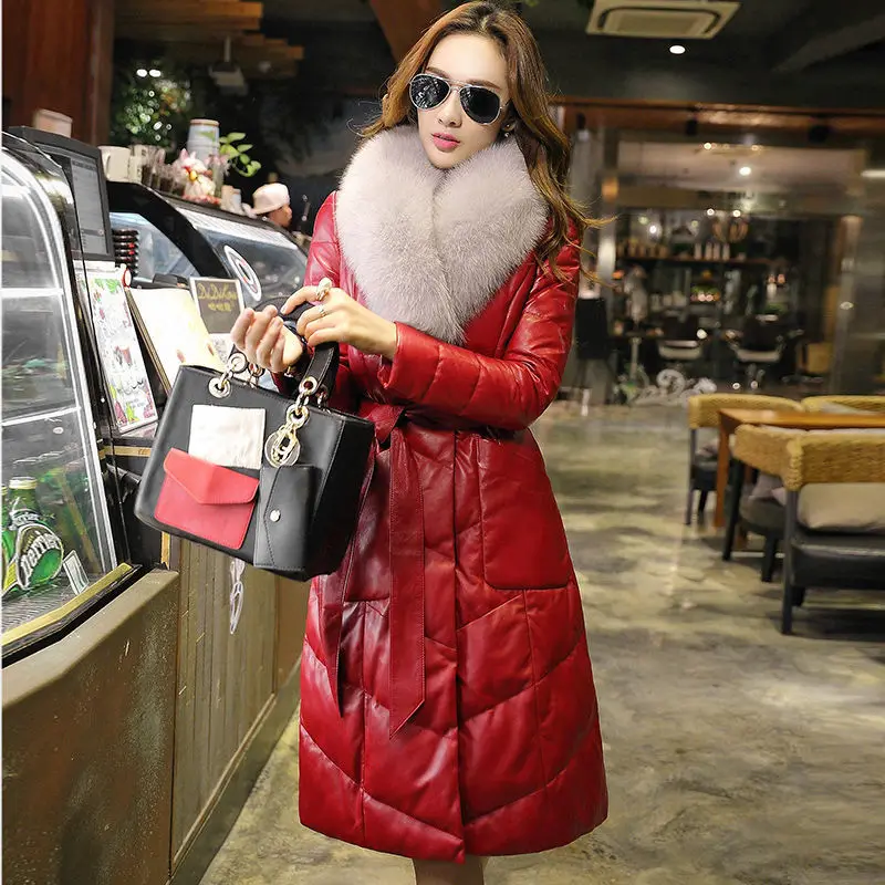 Women Leather Jacket Genuine Winter Sheepskin Coat Real Fox Fur Collar Long Womens Down Cotton Coats Parka PYR001 KJ4655