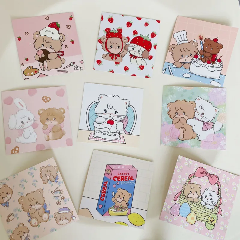 Korean Ins Cartoon Cute Bear Rabbit Postcard Kawaii Mini Square Bookmark Diy Decorative Card Photo Prop Wall Sticker 9 Sheets