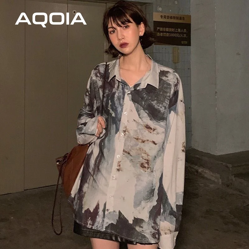 Chic Casual Abstract ink printing Long Sleeve Women Blouse Tunic Shirt Turn-Down Collar Loose 2023 Autumn Oversize Ladies Tops