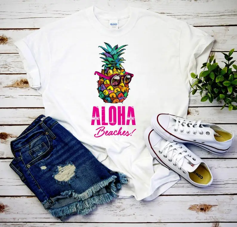 

Aloha Beaches Tropical Vacation TShirt Funny Letter Aesthetic Female Clothing Fashion Cotton O Neck Casual Short Sleeve Top Tees