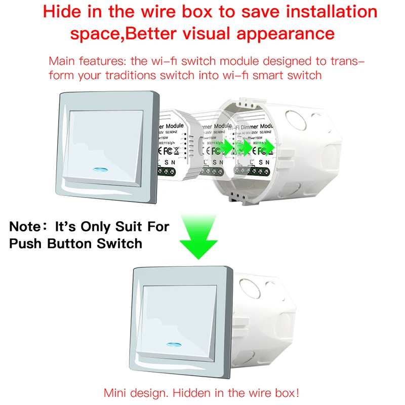 DIY WIFI 스마트 디머 스위치 조명 LED 투야 앱 원격 제어 스위치 차단기 모듈 1구 1/2방향 Alexa Google Home 연동