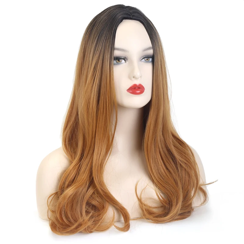 VDFD Long Dark Root Light Brown Synthetic Wig Natural Wave Fake Hair Curly Middle Part for Women Daily Use Heat Friendly