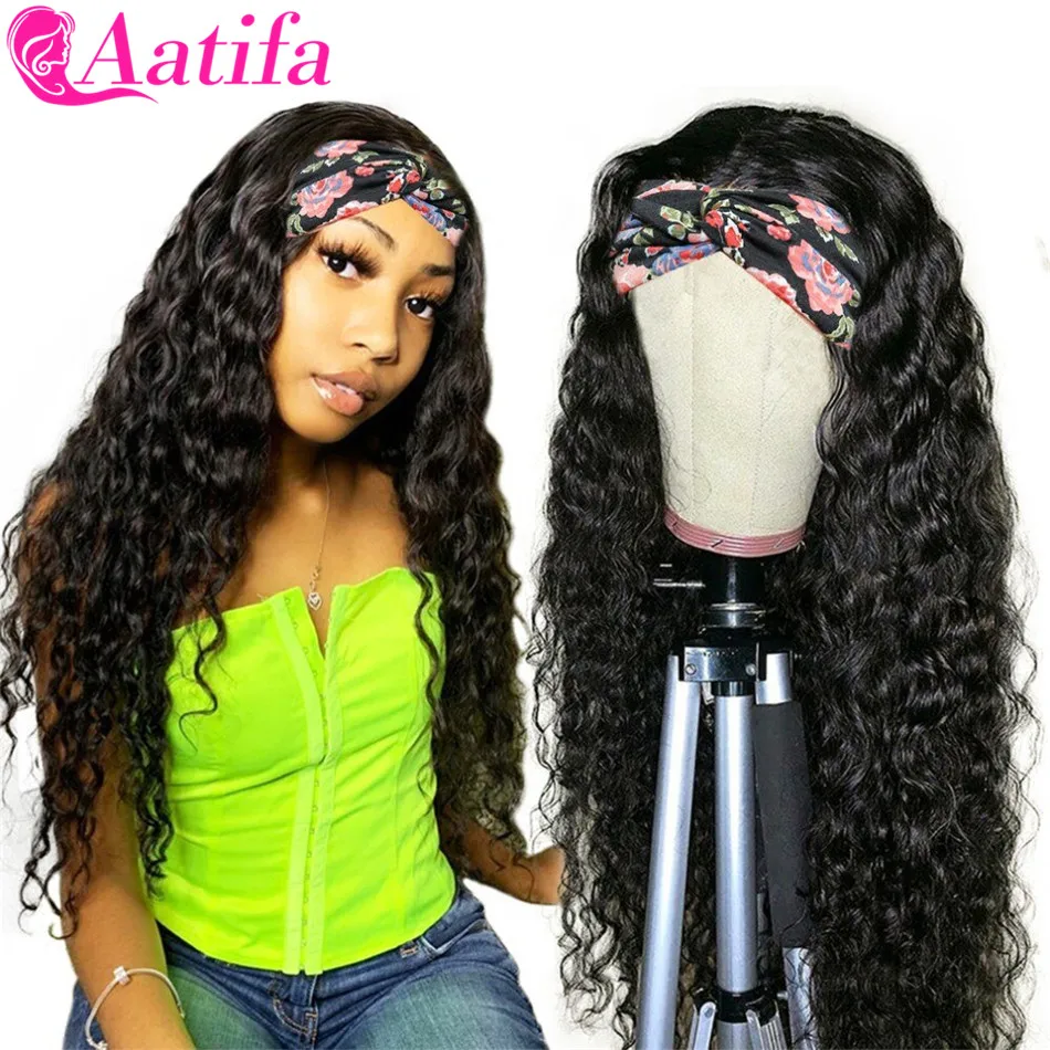 

28 30 Inch Peruvian Deep Wave Headband Wig Aatifa Natural Hair Wig 100% Human Hair Headband Wigs With Scarf For Black Women