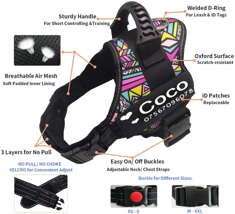 Colorful Dog Harness With Customizable Tags Reflective Dog Collar No Pull Safe Dog Training Walking Climbing Vest Free Shipping