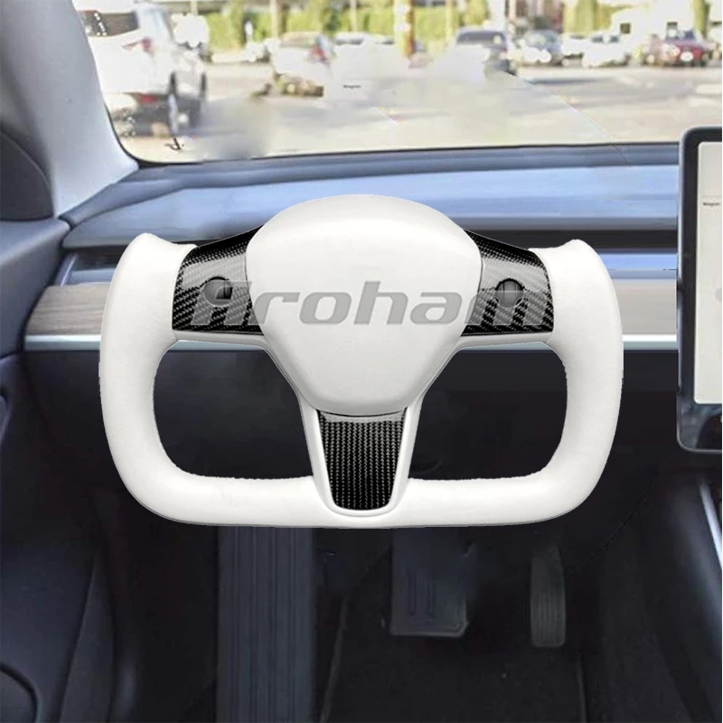 

Carbon Fiber Yoke Steering Wheel White Leather And Special Design Customized For Tesla Model 3 Model Y 2017 2018 2019 2020 2021