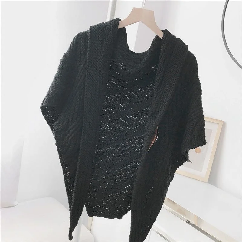 Shawl Women Poncho Knitted Scarf Cloak With Buckle Fashion Tops Autumn Winter Korean Clothes Brown Cardigan Vintage Sweaters