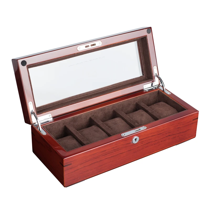5 Slots Wood Watch Case Storage Box Red Watch Box Organizer With Lock Wooden Watch Display Jewelry Gift Box