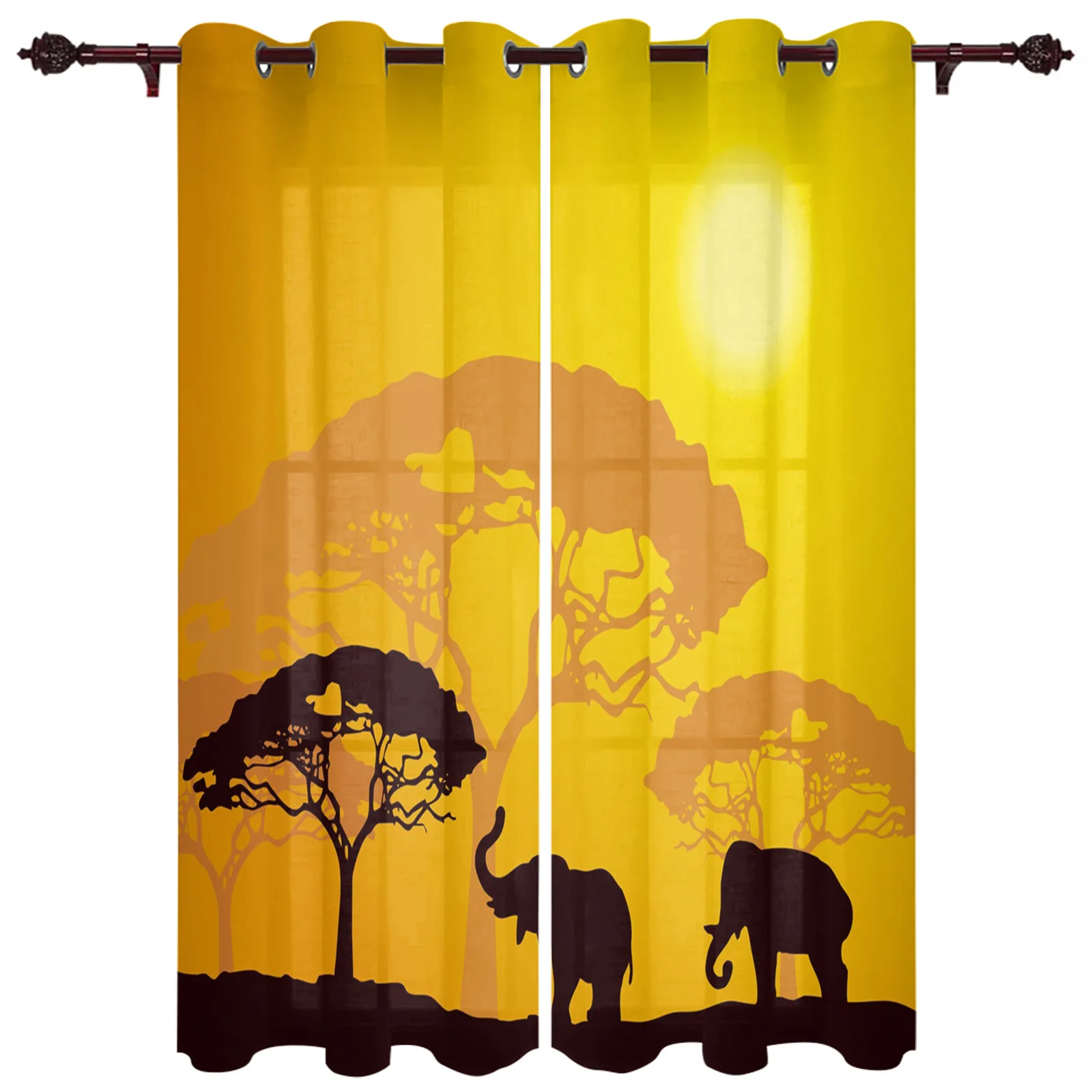 African Elephant Forest Tree Silhouettes Window Curtains for Living Room Kids Bedroom Valance Curtains Kitchen Window Drapes