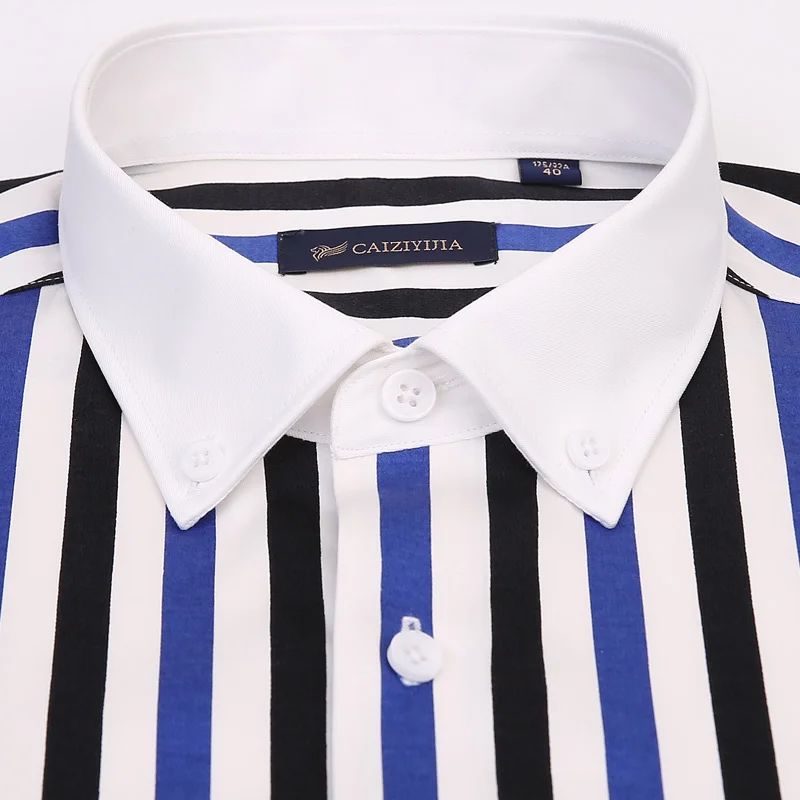 Men\'s Contrast Collar Striped Long Sleeve Button Down Dress Shirt Pocketless Design Slim Casual Striped Blouse White Cuff Shirts