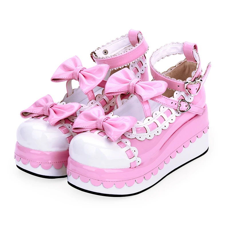 Princess Platform Female Lolita Women\'s Shoes Lace Bow Dress Shoes Anime Kawaii Platform Pink GOTH Retro Lolita Wedge Shoes