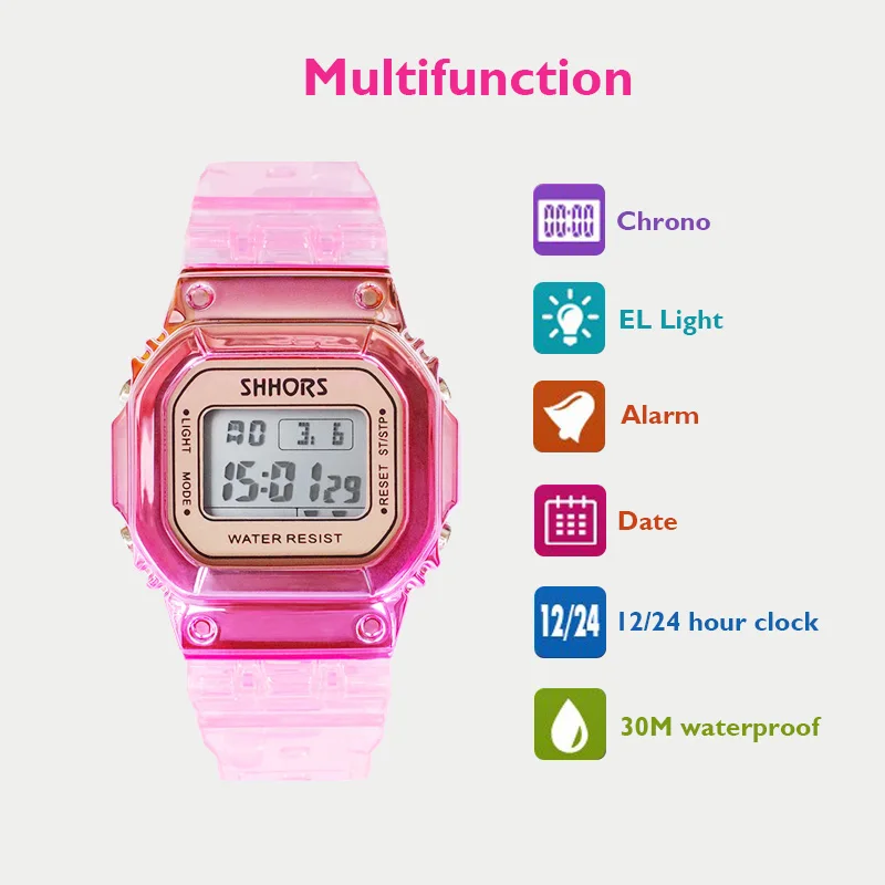 Shhors Fashion Gradient Watch Women Rectangle Dial Led Digital Watches Waterproof Sport Multifunction electronic Watches Ladies