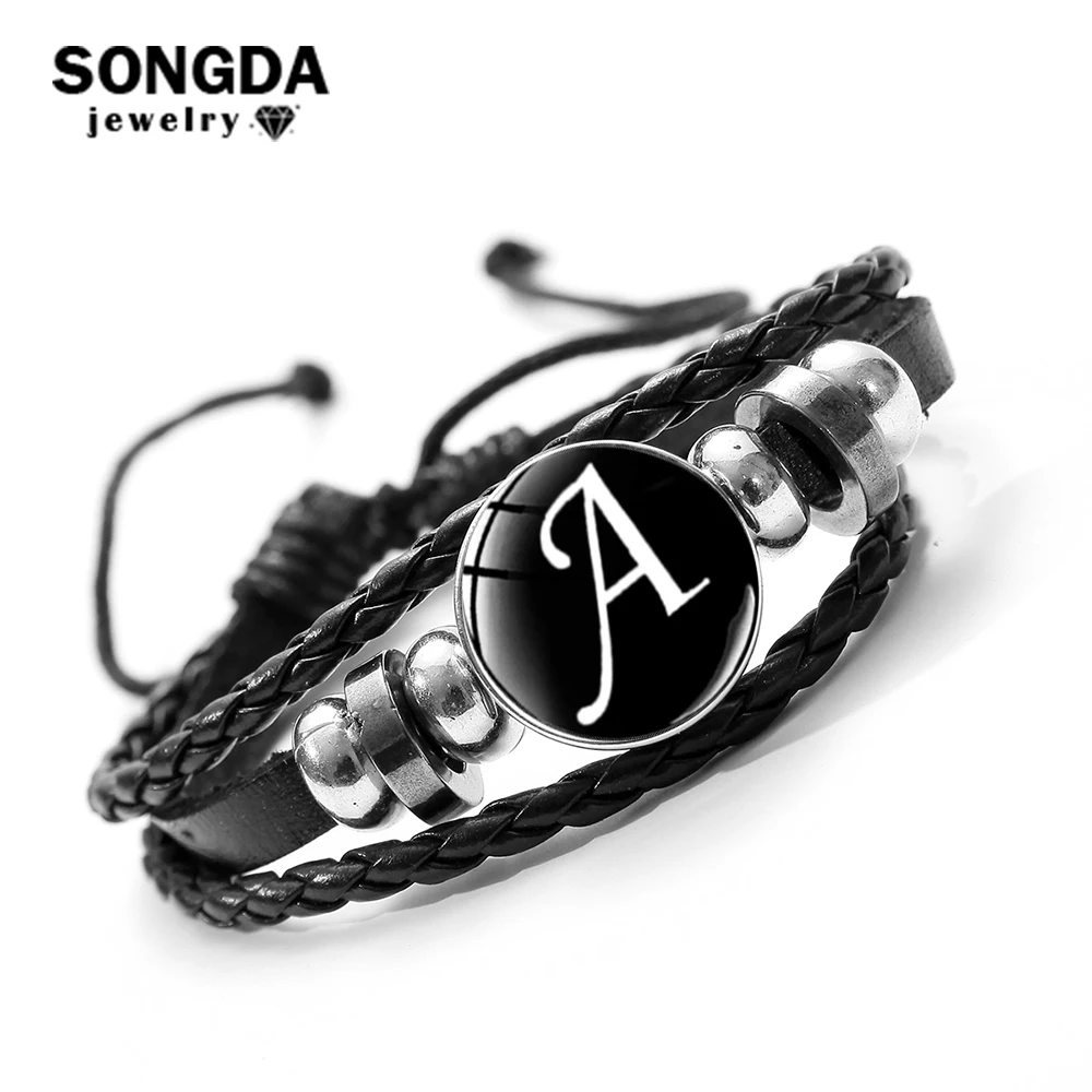 26 Letter A-Z Glass Snap Metal Bead Bracelet Men's ID Name Friendship Black Braided Women Hand Leather Bracelet Kids Family Gift