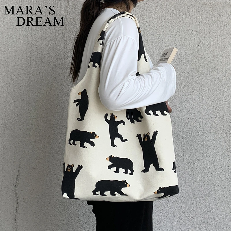 Mara\'s Dream Korea Ulzzang Big bear pattern Print Female Shopping Canvas Tote Casual Large-capacity Cartoon Women Shoulder Bags