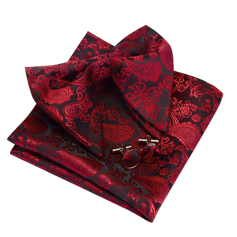 Ricnais New Design Paisley Silk Big Bow Tie Handkerchief Cufflinks Set For Men Business Wedding Bowtie Pocket Square Gifts Ties