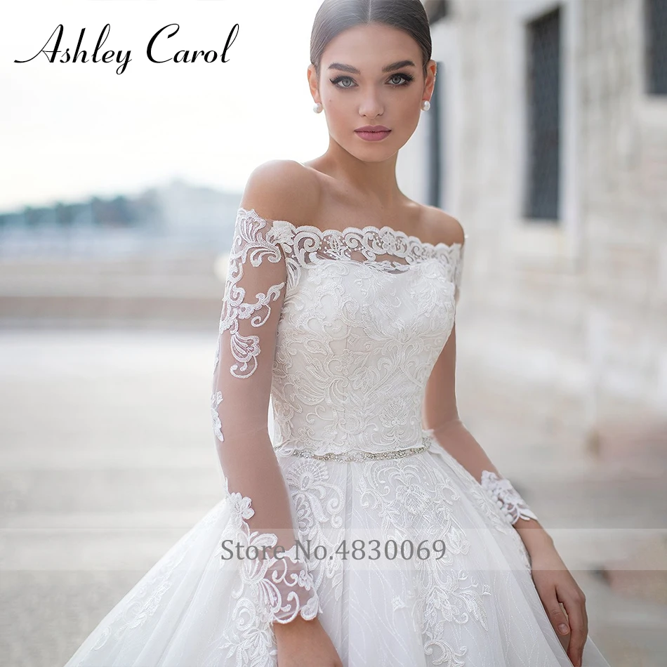 وصول أشلي كارول الجديد مع سترة طويلة الأكمام مع حزام كريستال يزين ثوب الزفاف Vestidos De Novia