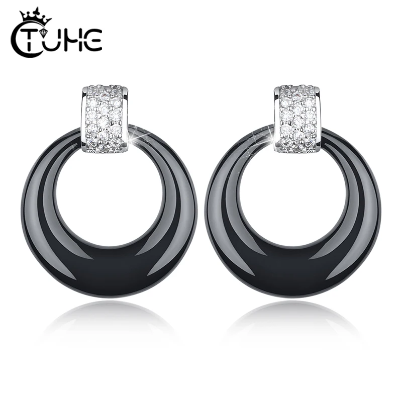 2019 New Circle Stud Earrings Healthy Never Fade Black Ceramic Bling CZ Crystal Women Earrings for Women Chrismas Gift