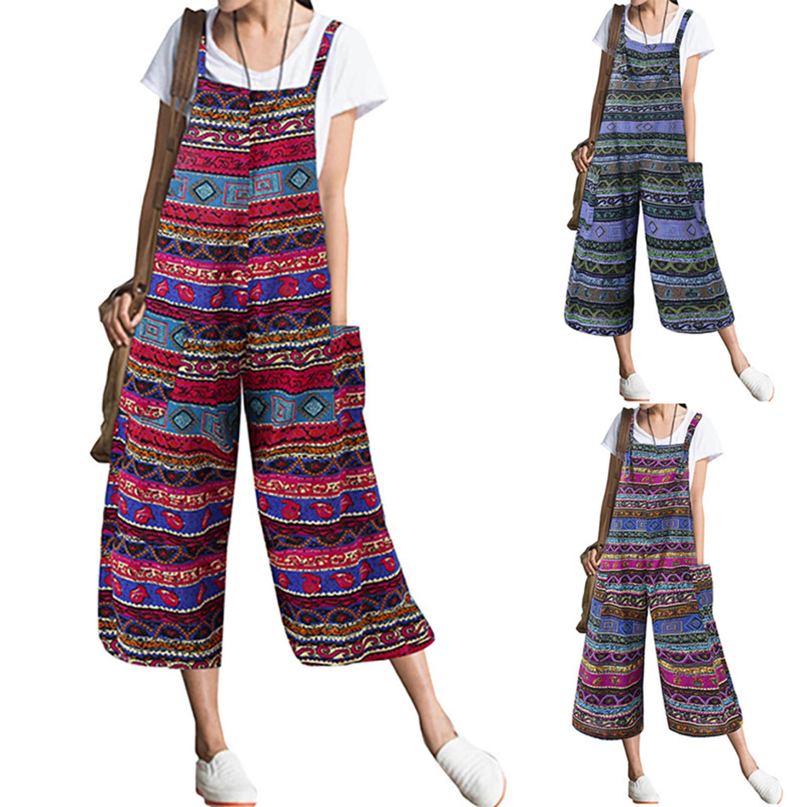 

Ladies Loose Suspender Cropped Pants, Summer Girls Creative Geometric Printing Large Size Casual Wide Leg Siamese Trousers