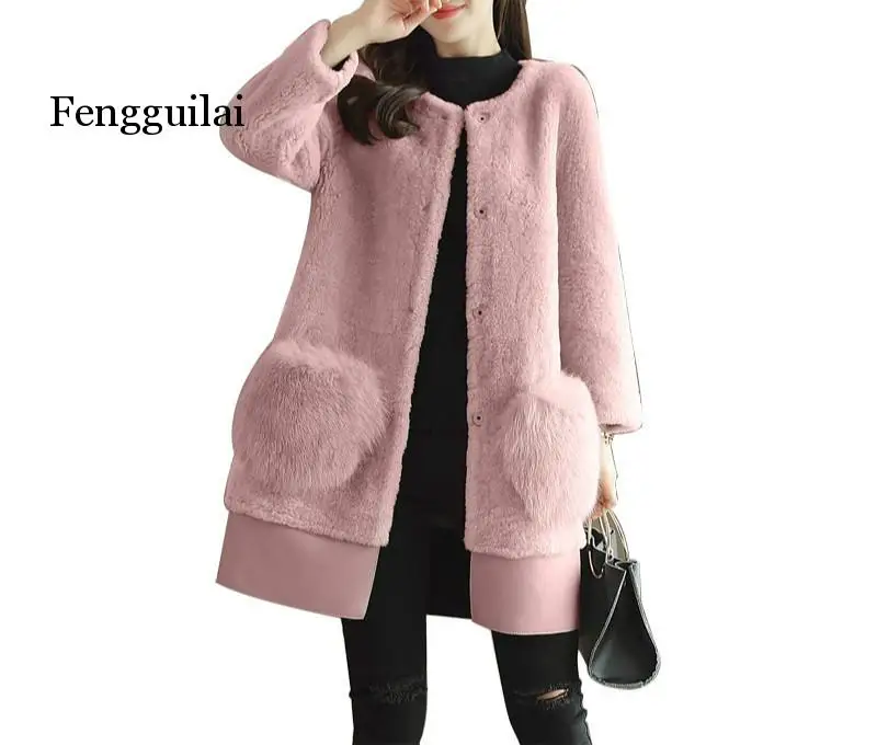 

Winter Luxury Runway Women Warm Long Pink Gray Jacket Woman Sheep sheared Faux Fur Loose Trench Coats Female Woollen Coat