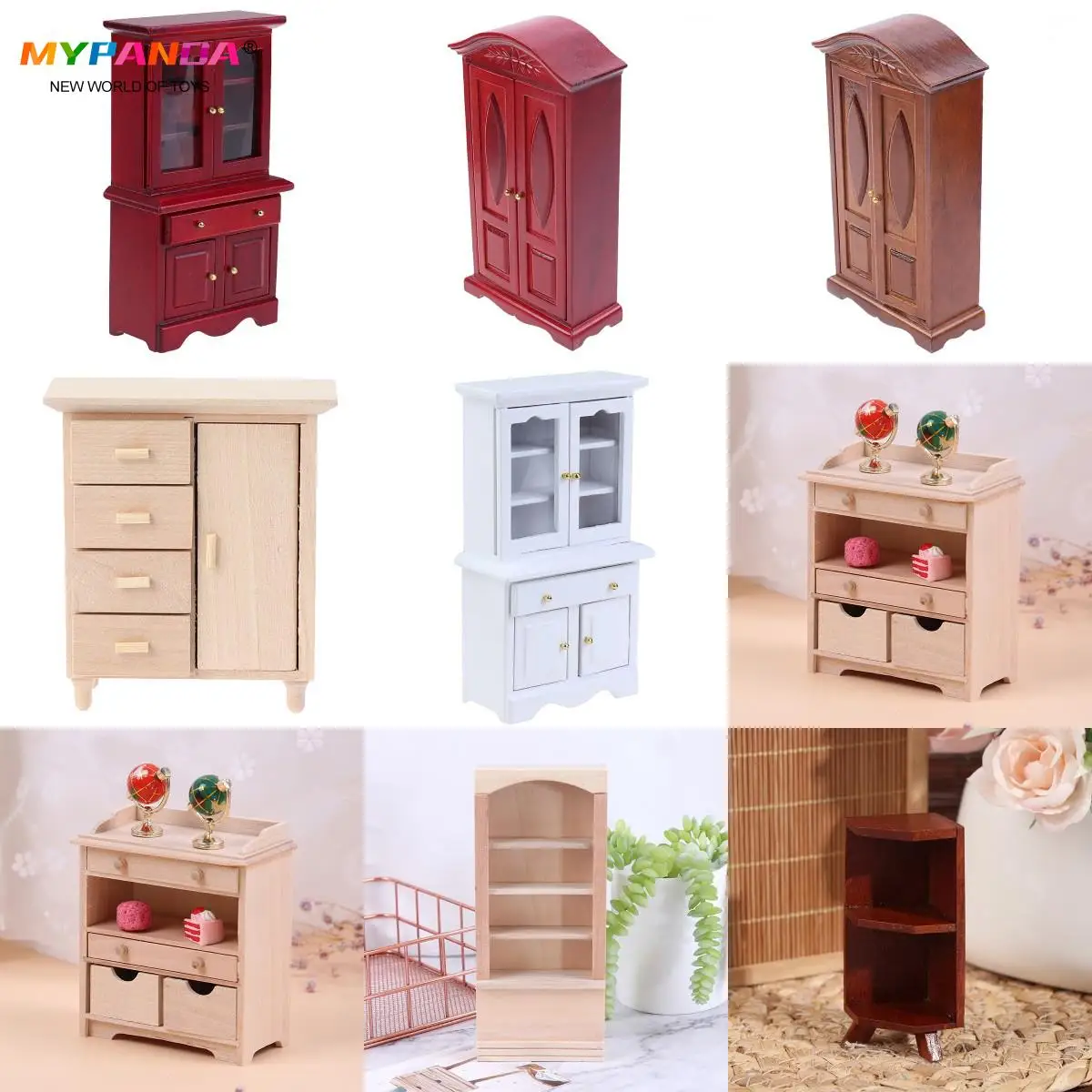 New Dollhouse Miniature Kitchen Furniture Toys Cupboards Display Book Cabinet Desk Model Bookshelf Children Gifts