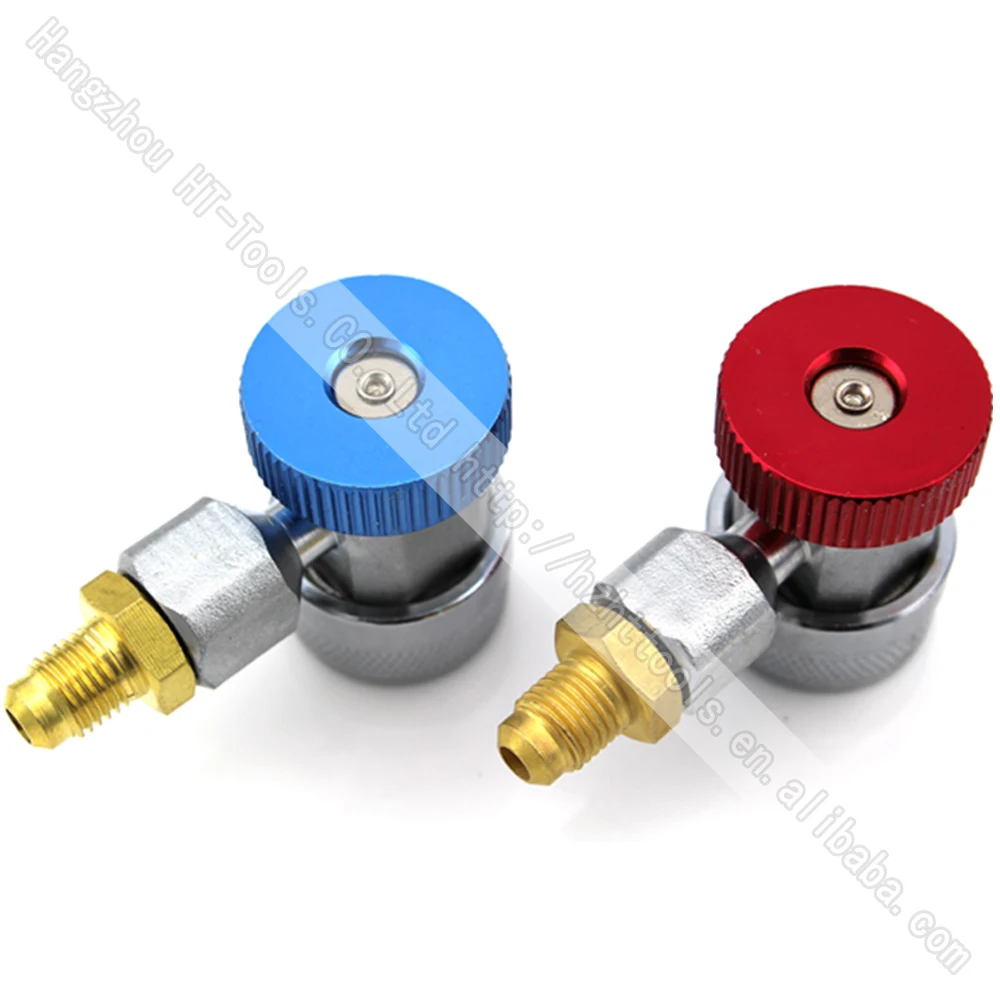 

90 Degree Automotive R134A Adjustable Quick Couplers 1/4" SAE High Side Red & Low Side Blue