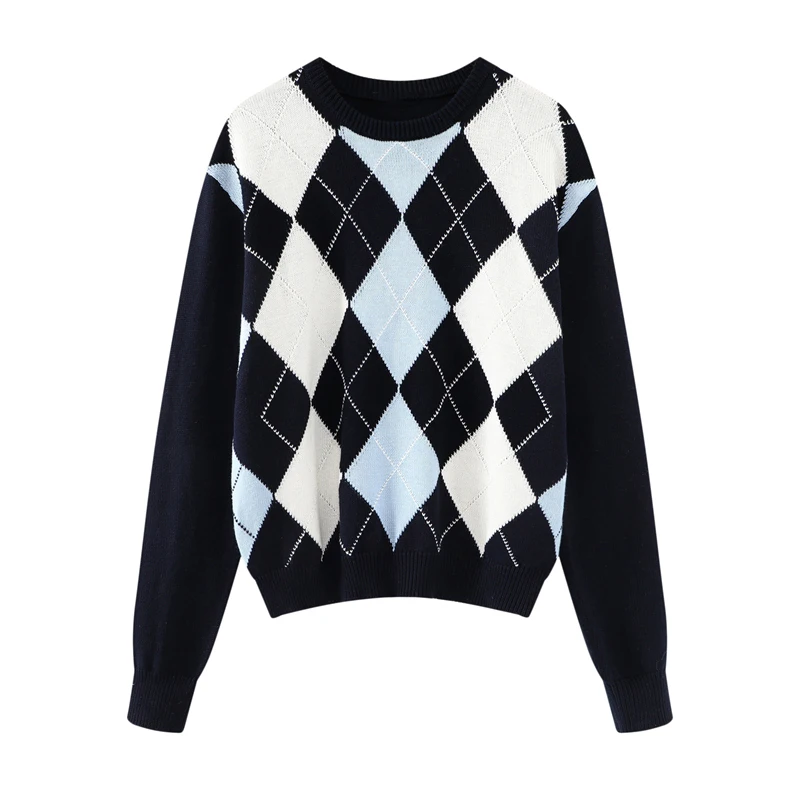 Sweet Girls Vintage Knitted Argyle Sweaters 2022 Early Autumn Fashion Ladies Pullovers Cute Women Chic Sweater Streetwear