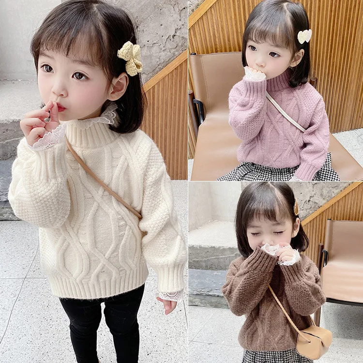 Girls Winter Clothes Clothing Sweater Child Warm Tops Solid Color O-neck Pullovers 2-6 Years Kids Kintted Sweaters Korea Style