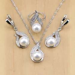 Ensemble de bijoux en argent 925 pour femmes, perles d'eau douce avec perles, décoration de mariage, boucles d'oreilles, pendentif, bague, collier