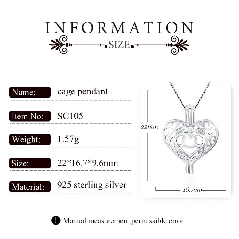 CLUCI 3pcs Silver 925 Heart Shaped Pearl Locket Women Pendant for Necklace Jewelry 925 Sterling Silver Cage Pendant SC105SB