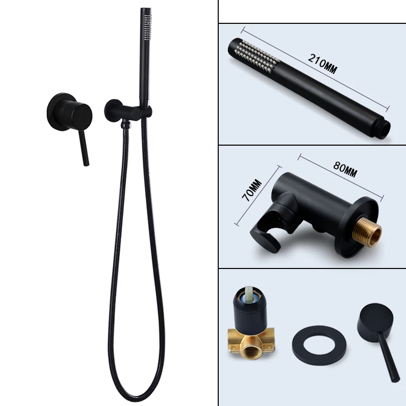 Matte Black Shower Faucet Set Concealed Wall Mounted Embedded Bathroom Shower Mixer Vlave Hand Held Shower Head Black Brass