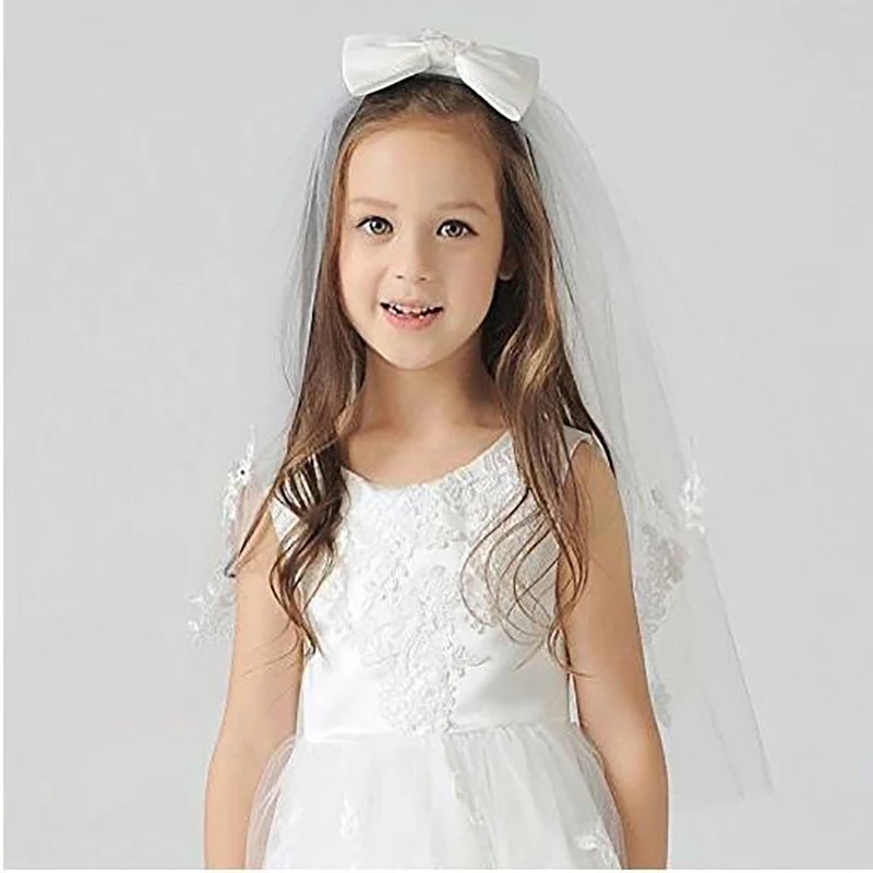 Handmade Double Layer Flower Girls Wedding Veils Cute Bowknot Costume First Communion Short Veil for Bride Wedding Accessories