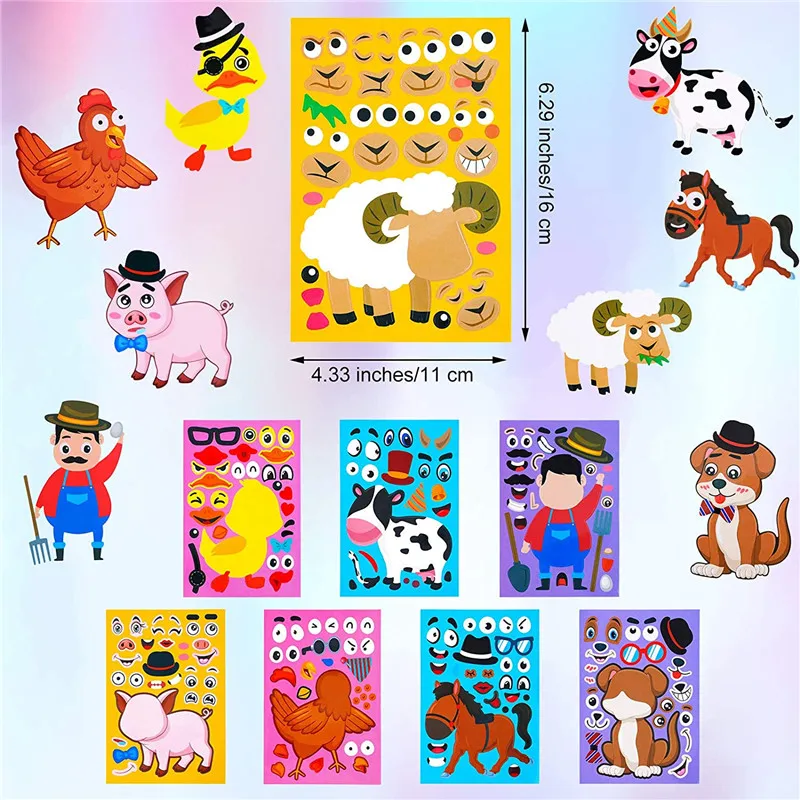 8 Sheets Puzzle Games Kids Stickers DIY Funny Make A Face Dinosaur Animal Monsters Cartoon Sticker Education Toys Pegatinas