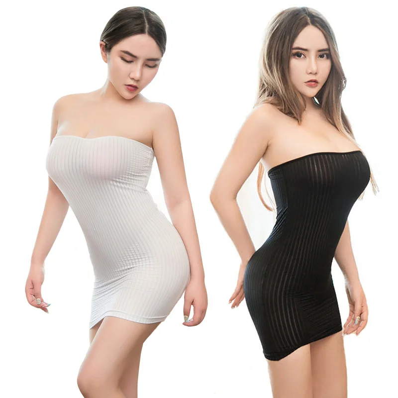 

Sexy Women Striped Bodycon Boob Tube Mini Dress Strapless Semi See Through Stretchy Fancy Clubwear