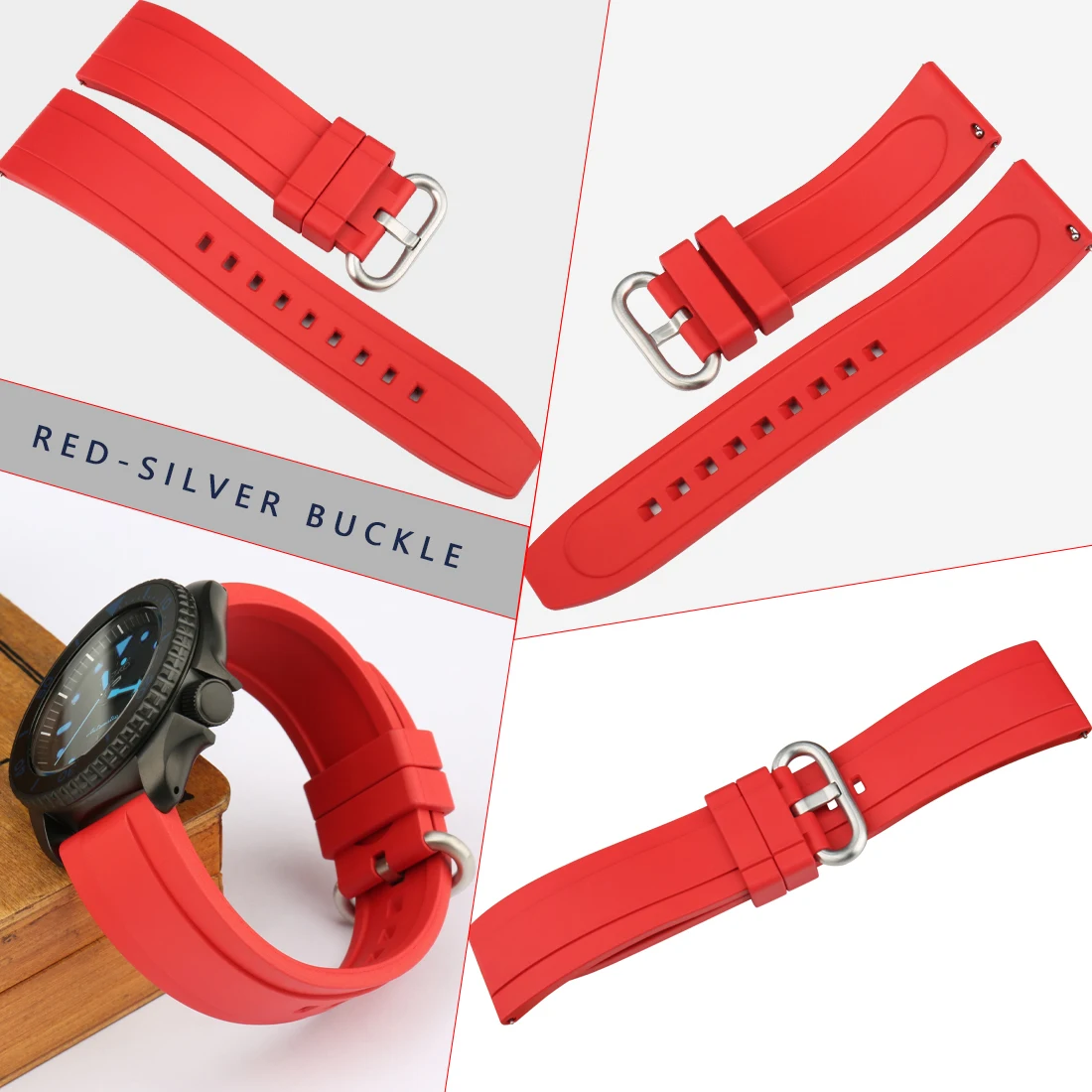 MAIKES Red Fluorine Rubber Watch Strap 20mm 22mm Women Men Sport Waterproof Quick Release Spring Bar Watchband